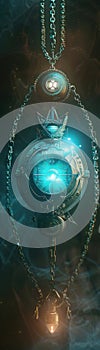 A 3D render of a futuristic amulet that adapts its shape based on political climates, glowing with a creative, hitech aura ,