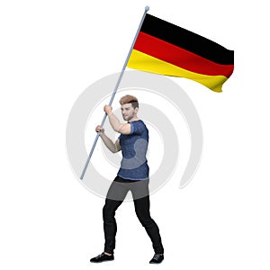 3D Render : a German man is holding and waving the Germany Country flag to cerebrate an important event