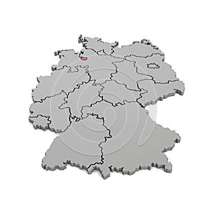 3d render - german map with regional boarders and the focus to Bremen