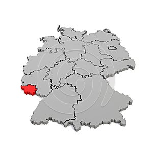 3d render - german map with regional boarders and the focus to Saarland