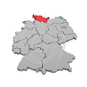 3d render - german map with regional boarders and the focus to Schleswig-Holstein