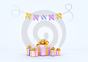 3D render gift boxes with colorful garland. Festive decoration, wrapped presents for Birthday, Christmas or New Year