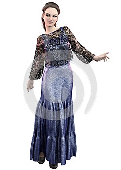 3D Render of Girl in long blue dress