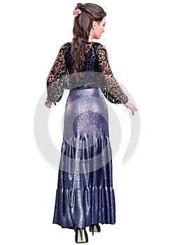 3D Render of Girl in long blue dress