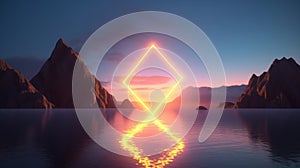 3d render, glowing neon rhombus over the mystic landscape with cliffs and water, sunset or sunrise. Modern minimal abstract