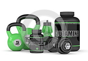 3d render of glutamine with kettlebells and dumbbells