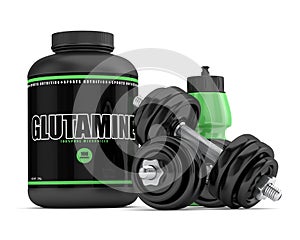 3d render of glutamine powder with bottle and dumbbells