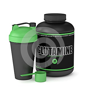 3d render of glutamine powder with shaker and spoon