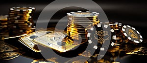 3D Render Of Gold And Black Casino Cards, Poker, Blackjack, And Baccarat