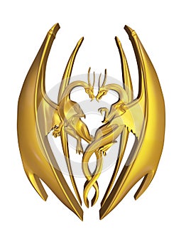 3D render of gold engraved dual dragons symbol