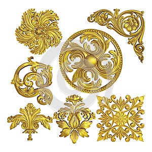 3D render of gold engraved floral elements