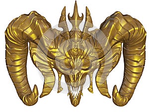 3D render of gold plated demon monster with horns and teeth