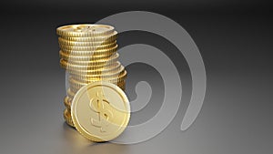 3D Render. Gold shiny coins stack. There is light reflected on the coin on the black scene. The concept of money growth in