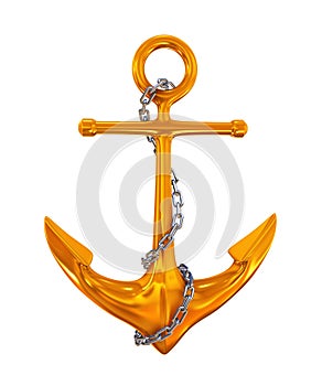 3d render of golden anchor with steel chrome link chain