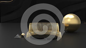 3D render of golden Black podium with wave to display product.