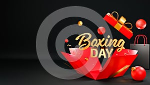 3D Render Golden Boxing Day Text With Surprise Gift Box, Balls And Shopping Bag On Black Background. Advertising Banner