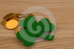 3d render of golden coins on the table wooden, close to a shamrock. Celebration of Saint Patrick& x27;s Day.