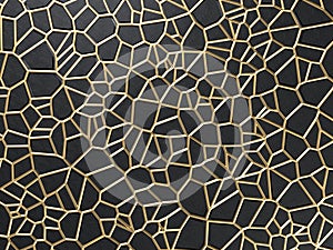 3d render of golden cracks on black background. Golden metal mesh or grid on black backdround