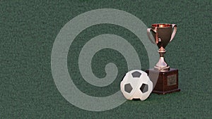 3D render - golden cup and soccer ball on the green grass of a football field