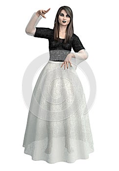 3D Render of Gothic woman in black white lace dress