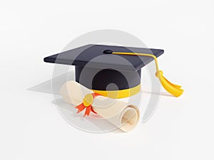 3d render graduation cap with diploma certificate