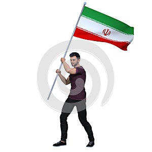 3D Render : a Greek man is holding and waving the Greece Country flag to cerebrate an important event3D Render : a Iranian man is