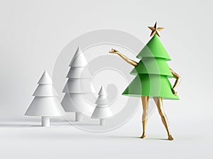 3d render. Green Christmas tree cartoon character with mannequin legs posing. Minimal seasonal clip art isolated on white