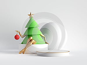 3d render. Green Christmas tree cartoon character with mannequin legs sits on white platform podium. Seasonal empty showcase,