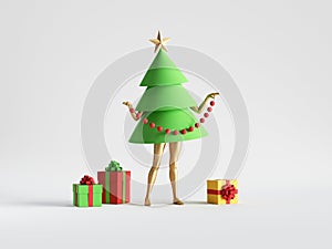 3d render. Green Christmas tree cartoon character with mannequin legs stands near wrapped gift boxes. Minimal seasonal clip art