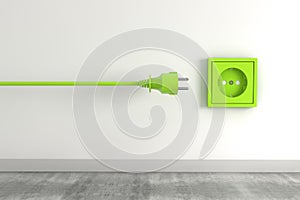 3D render of a green electrical plug near a socket- eco, green energy, environmental concept