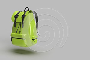 3d render of a green leather bagpack floating in air in an grey gradient background with space for text.travel packing