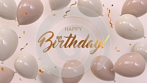 3d render greeting card happy birthday on the background of gray balloons and golden confetti.