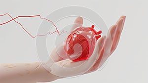 This is a 3D render hand holding a heart with a pulse line from the beat monitor. Medical illustration designs for