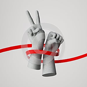 3d render, hands wrapped with red ribbon isolated on white background. Peaceful protest in Belarus 2020, fight for human rights.