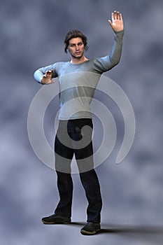 3D render of a handsome man standing with his arms outstretched in a mage or magicians pose