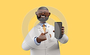 3d render. Happy doctor, african cartoon character shows smart phone device with blank screen. Clip art isolated on yellow
