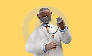 3d render. Happy doctor toy, african cartoon character wears white coat and holds stethoscope. Clip art isolated on yellow
