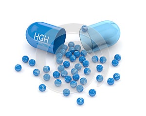 3d render of HGH pill with granules over white