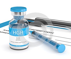 3d render of HGH vial with syringe on clipboard