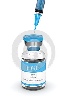 3d render of HGH vial with syringe over white