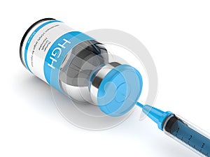 3d render of HGH vial with syringe over white