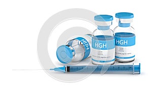 3d render of HGH vials with syringe over white