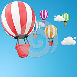 3d render hot air balloon. 3d render white and red air balloon. 3d render balloon travel illustration on blue background