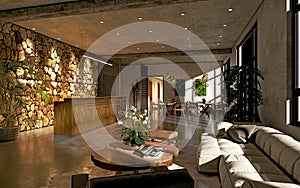 3d render of hotel reception lobby