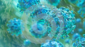 3D render of HPV infection, sexually transmitted DNA virus. Illustration of HPV virus concept, blue and green colors