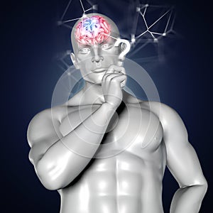 3D render of  a human figure thinking with brain highlighted