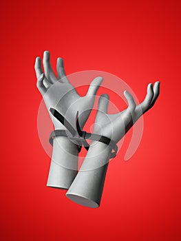 3d render, human hands tied with black plastic zip ties, isolated on red background. Human rights, repression concept.