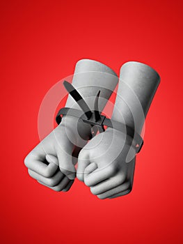 3d render, human hands tied with plastic zip ties, isolated on red background. Fists of anger. Arrested criminal. Chained hostage