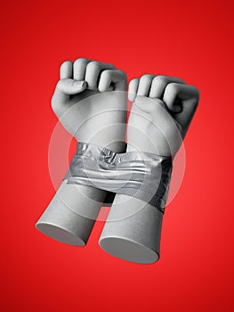 3d render, human hands tied with tape, isolated on red background. Fists of anger. Captured hostage. Constrained freedom.