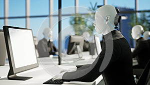 3d render of humanoid robots working in modern office, future concept